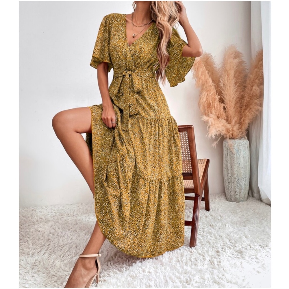 Boho Yellow Butterfly Sleeve Ruffle Maxi Dress